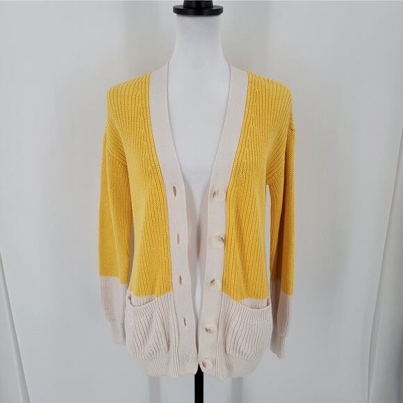 Loft Cardigan Womens XS Yellow White Long Sleeve Button Up Cotton Knit Preppy - Picture 4 of 11